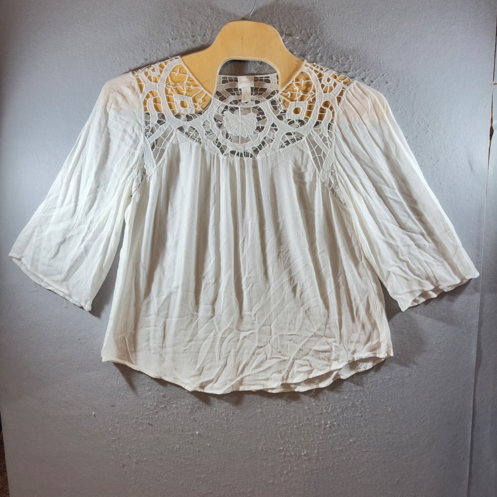 1404 | Chico's Boho Crochet Lace Yoke Rayon Gauze Peasant Blouse White Women 3